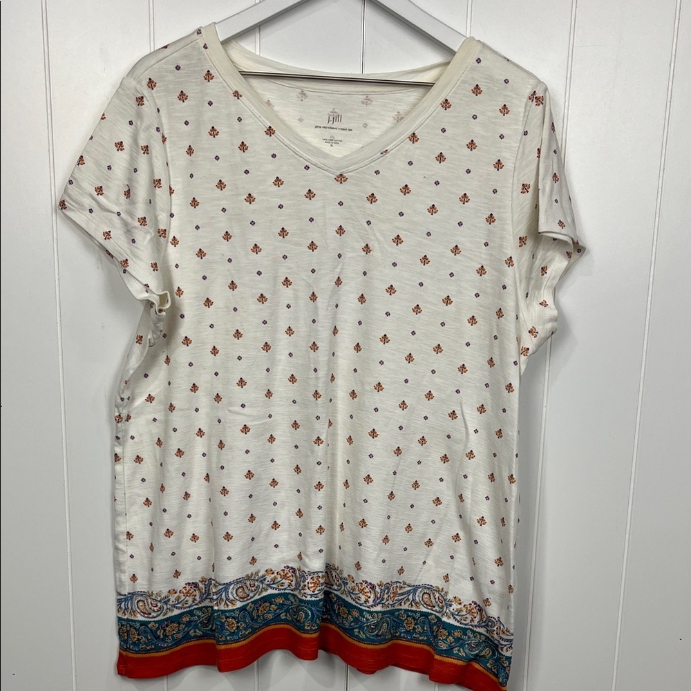 J. Jill Womens Pima Cotton Tee XL White Turquoise Orange Floral Cap Sleeves EUC